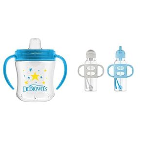 Dr. Brown's Transition Sippy Cup Soft Spout Blue - 6oz 6m+ & Milestones Narrow Straw Bottle, Spill-Proof 100% Silicone Handles and Weighted 6m+
