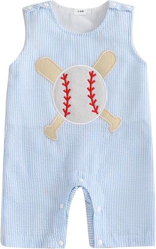 Newborn Baby Boy Summer Outfit Baseball/Sailboat Embroidery Sleeveless Tank Romper Jumpsuit Infant Striped Overalls in Kuwait