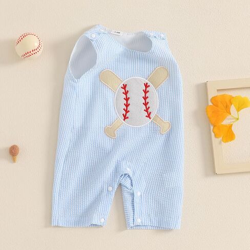 Newborn Baby Boy Summer Outfit Baseball/Sailboat Embroidery Sleeveless Tank Romper Jumpsuit Infant Striped Overalls in Kuwait