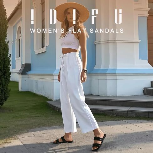 IDIFU Women's Flat Sandals for Women Square Open Toe Two Soft Band Slip On Summer Comfortable Dressy Slide Beach Casual Wedding Dress Sandals in Saudi Arabia