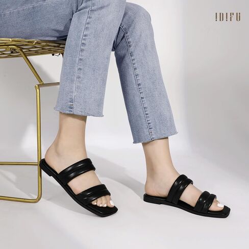 IDIFU Women's Flat Sandals for Women Square Open Toe Two Soft Band Slip On Summer Comfortable Dressy Slide Beach Casual Wedding Dress Sandals in Saudi Arabia