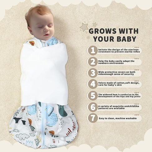 Newborn Sleep Sack Baby Swaddle,3-Way Adjustable Wearable Blanket,100% Rayon Cotton Swaddling sleeping bag. (Dinosaur&Hexagon, 3-6 Months) in Kuwait