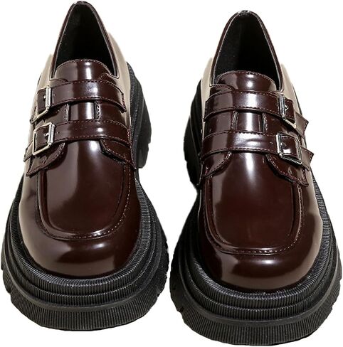 Women's Adjustable Double Buckle Platform Loafers,Classic Chunky Heel Lug Sole Loafers Comfort Round Toe Slip-on Business Work Penny Shoes for Women in Saudi Arabia
