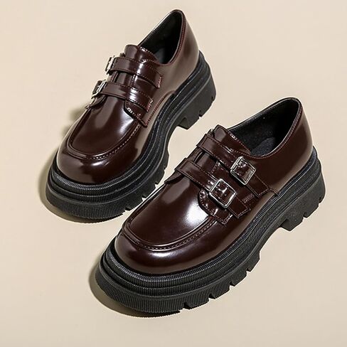 Women's Adjustable Double Buckle Platform Loafers,Classic Chunky Heel Lug Sole Loafers Comfort Round Toe Slip-on Business Work Penny Shoes for Women in Saudi Arabia