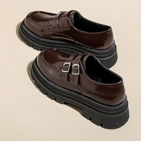 Women's Adjustable Double Buckle Platform Loafers,Classic Chunky Heel Lug Sole Loafers Comfort Round Toe Slip-on Business Work Penny Shoes for Women in Saudi Arabia