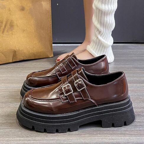 Women's Adjustable Double Buckle Platform Loafers,Classic Chunky Heel Lug Sole Loafers Comfort Round Toe Slip-on Business Work Penny Shoes for Women in Saudi Arabia