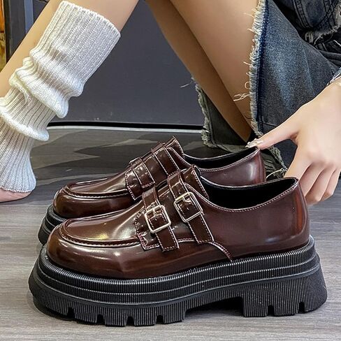 Women's Adjustable Double Buckle Platform Loafers,Classic Chunky Heel Lug Sole Loafers Comfort Round Toe Slip-on Business Work Penny Shoes for Women in Saudi Arabia
