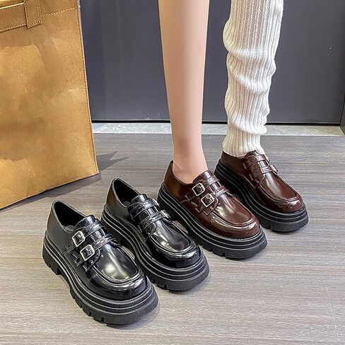Women's Adjustable Double Buckle Platform Loafers,Classic Chunky Heel Lug Sole Loafers Comfort Round Toe Slip-on Business Work Penny Shoes for Women in Saudi Arabia