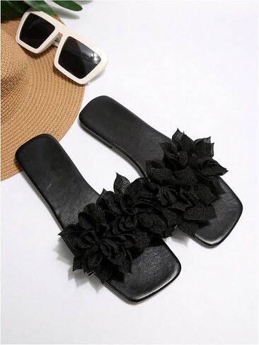 GORGLITTER Women's Flower Applique Flat Sandals Slip on Slide Dressy Vacation Sandals in Saudi Arabia