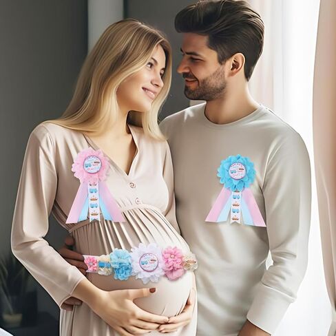 Putters Or Pearls Gender Reveal Maternity Sash Kit, Blue Or Pink Golf Baby Shower Belly Belt and Mom To Be Dad To Be Corsage Pins, New Parent Pregnancy Announcement Photo Props Party Supplies in Kuwait