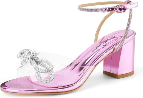 Oh Mispares Women's Clear Heels Double Bowknots Crystal Sandals Round Open Toe Rhinestone Transparent Chunky Bow Heels Gold Ankle Strap Sandal Shoes in Saudi Arabia