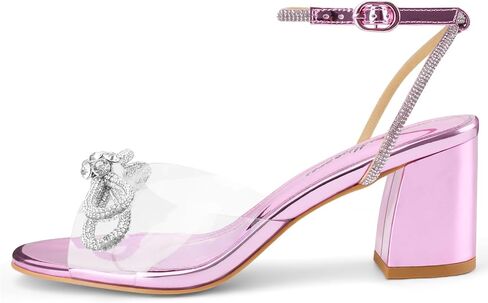 Oh Mispares Women's Clear Heels Double Bowknots Crystal Sandals Round Open Toe Rhinestone Transparent Chunky Bow Heels Gold Ankle Strap Sandal Shoes in Saudi Arabia