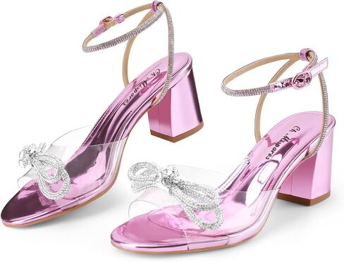 Oh Mispares Women's Clear Heels Double Bowknots Crystal Sandals Round Open Toe Rhinestone Transparent Chunky Bow Heels Gold Ankle Strap Sandal Shoes in Saudi Arabia