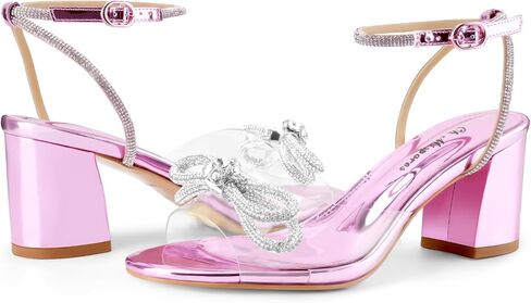 Oh Mispares Women's Clear Heels Double Bowknots Crystal Sandals Round Open Toe Rhinestone Transparent Chunky Bow Heels Gold Ankle Strap Sandal Shoes in Saudi Arabia