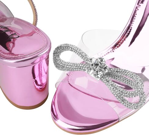 Oh Mispares Women's Clear Heels Double Bowknots Crystal Sandals Round Open Toe Rhinestone Transparent Chunky Bow Heels Gold Ankle Strap Sandal Shoes in Saudi Arabia