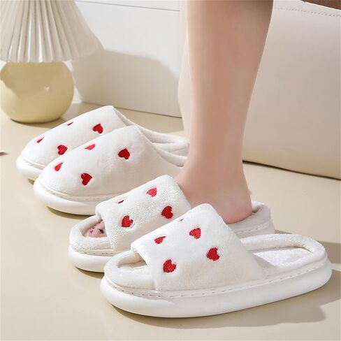 Obosoyo Plush Slippers Couples Cozy Heart Indoor Slippers Men Women Thick Sole Fuzzy Warm Winter in Kuwait