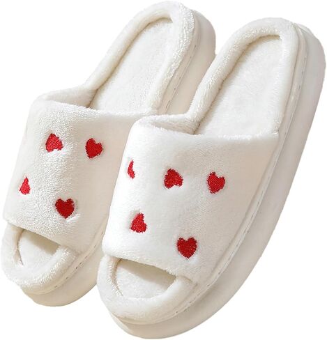 Obosoyo Plush Slippers Couples Cozy Heart Indoor Slippers Men Women Thick Sole Fuzzy Warm Winter in Kuwait