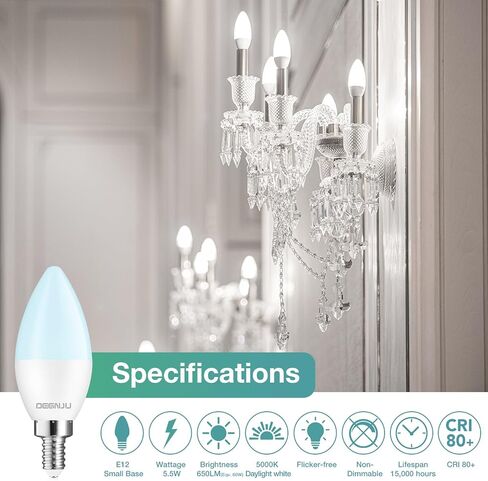 20 حزمة LED مصابيح Candelabra 60 واط مكافئة ، E12 LED LED LIGHT 5000K ، TYPE B LIGHT LIGHT ، LED BLUBS 5.5W ، Candelabra Base Plubs 120V ، B11 Candle Light Light in Kuwait
