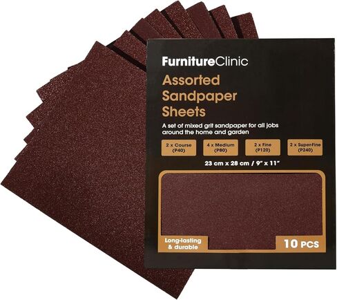 Furniture Clinic Pack of 10 Sandpaper Sheets for Wood, Walls, Metal and Furniture - for Hand, Sanding Block or Sander Use - 2 x Coarse, 4 x Medium, 4 x Fine Grades (P40, P80, P120, P240) in Kuwait