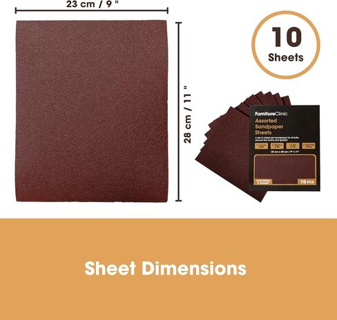 Furniture Clinic Pack of 10 Sandpaper Sheets for Wood, Walls, Metal and Furniture - for Hand, Sanding Block or Sander Use - 2 x Coarse, 4 x Medium, 4 x Fine Grades (P40, P80, P120, P240) in Kuwait