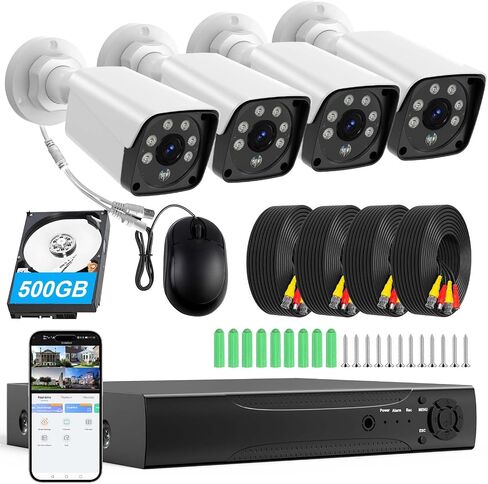 H.265 + نظام مجموعة أدوات DVR لكاميرا الأمان السلكية مع تقنية AI للكشف عن المركبات البشرية، 4X 1920P 5MP IP67 كاميرات معدنية داخلية/خارجية رؤية ليلية بالأشعة تحت الحمراء، 4K NVR 500GB HDD متضمنة للتسجيل على مدار الساعة طوال أيام الأسبوع in Kuwait