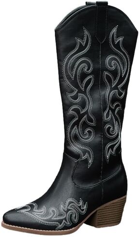 Women's Chunky Heel Western Cowboy Boots Stylish Side Zipper Boots Fashion Pointed Toe Long Boots in Saudi Arabia