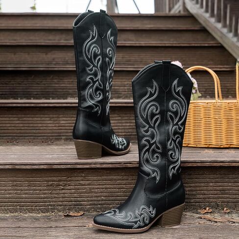 Women's Chunky Heel Western Cowboy Boots Stylish Side Zipper Boots Fashion Pointed Toe Long Boots in Saudi Arabia