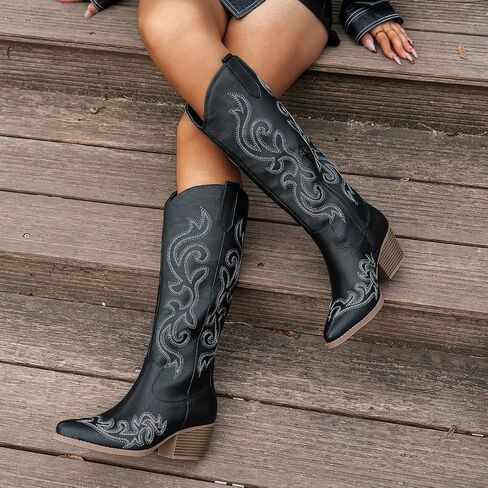 Women's Chunky Heel Western Cowboy Boots Stylish Side Zipper Boots Fashion Pointed Toe Long Boots in Saudi Arabia