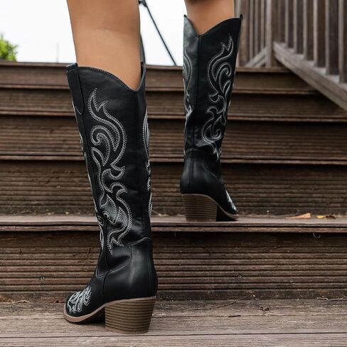 Women's Chunky Heel Western Cowboy Boots Stylish Side Zipper Boots Fashion Pointed Toe Long Boots in Saudi Arabia