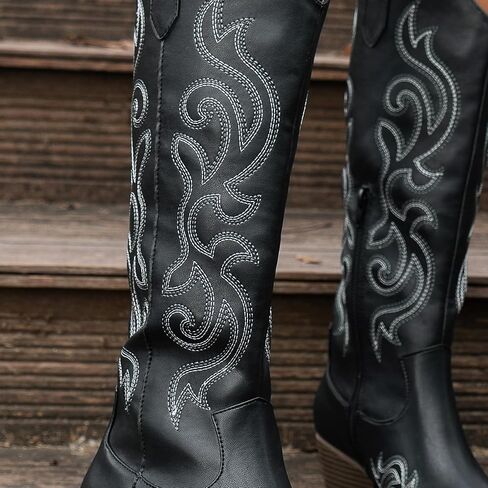 Women's Chunky Heel Western Cowboy Boots Stylish Side Zipper Boots Fashion Pointed Toe Long Boots in Saudi Arabia