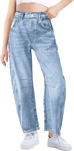 Haloumoning Girls Baggy Jeans Kids Fashion Wide Leg Elastic Waist Y2k Denim Pants with Pockets 5-14 Years in Kuwait