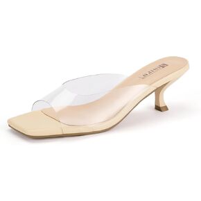 IDIFU IN2 Women's Kitten Heels Open Square Toe Low Heels Sexy Slip On Slide Heeled Sandals Comfortable Wedding Bridal Party Prom Dress Sandals Office Casual Summer Short Mule Heels