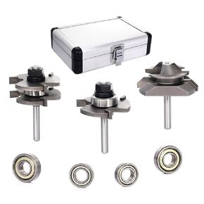 2pcs Tongue and Groove Router Bit Set 1/4 Shank, with 4 Bearings, 3-Teeth Adjustable T-Shape Wood Milling Cutters, for Woodworking Joinery Interlocking Joints