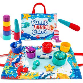Fishing Toys Montessori Toys for 1 Year Old Boy Girl Cloth Fishing Game for Toddlers 1-3 with Stacking Cups- Number Counting, Color Sorting, Shape Learning Baby Toys