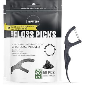 Biodegradable Floss Picks (200pcs) - Natural Dental Floss - Nontoxic Plant Based Floss Sticks for Adults & Kids - Vegan Tooth Pick Flossers - Double Thread Mint