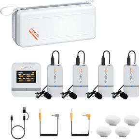 (4 Lav Mic)COMICA Vimo Q Wireless Lavalier Microphone System with 4 Transmitters and 1 Receiver, Noise Cancellation, 656' Range, Wireless Microphone for Camera, iPhone, Android, PC Interviews.(White)