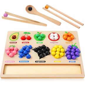 Wooden Board Rainbow Beads Sorting Stacking Counting Games, Toddler Montessori Matching Color Toys Preschool Learning Educational Toys for 3 4 5 Years Old Boys Girls
