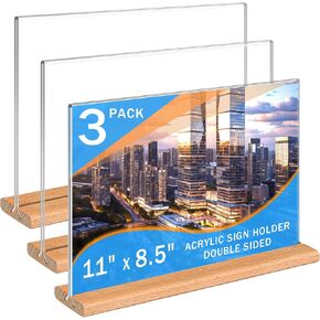 حامل علامة acrylic kersally 11 × 8.5 '' ، 6 حزمة شاشة شاشة صافية على الوجهين تقف مع قاعدة خشبية وقائمة إطارات الاكريليك الأفقية لحامل الورق المشارك للمتجر والمطعم والفندق والمكتب والمعرض المعرض in Saudi Arabia