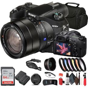 Sony Cyber-Shot DSC-RX10 IV Digital Camera (DSCRX10M4/B) with Filter Kit + Wide Angle Lens + Telephoto Lens + Color Filter Kit + 64GB Card + NPF-W50 Battery + Card Reader + Photo Software + More