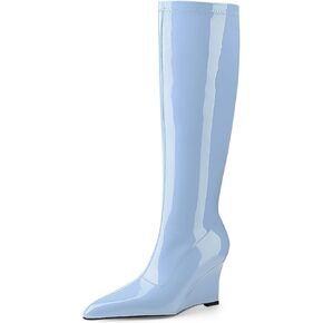 يا Mispares Wedge Wedge Heel Knee High Boots Classic Toe Boots Boots Patent Pathent Boots Long Boots مع سحاب مريح