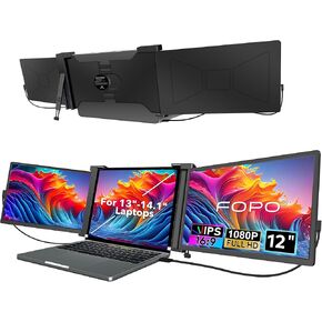 FOPO 12" Triple Laptop Screen Extender Triple Portable Monitor for 13"-14.1" Laptop, FHD 1080P IPS Dual Display, with Type-C/HDMI for Windows/MacOS/Switch -S12