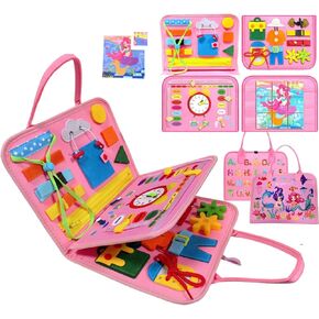 Busy Book for Toddlers 1-3, Montessori Toys Busy Board for 1 Year Old Girl Birthday Gift, Educational Sensory Toys Quiet Activity Book for Toddlers Travel Toys for Airplane Car, Pink