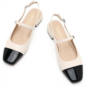 Genuine Leather Slingback Flats for Women Square Toe Elegant Women's Flats with Buckle Strap Dress Shoes for Casual Work Office Party