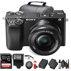 Sony Alpha A6100 Mirrorless Digital Camera (ILCE6100L/B) with 16-50mm Lenses with Flash, Extra Battery, 64GB Memory Card, Padded Bag, and More - Battery Bundle