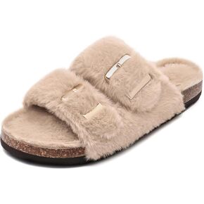 Rainlin Women's Fuzzy Slippers Comfy Cork Footbed Fluffy Slides Open Toe Indoor Outdoor House Shoes with Arch Support