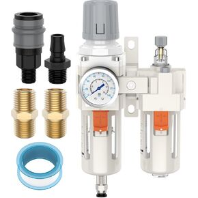 Air Pressure Regulator, Hoodutric 3/8" NPT Air Compressor Water Separator with Pressure Gauge (0-145psi) Poly Bowl Semi-Auto Drain Bracket