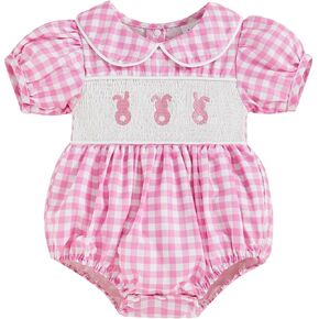 Baby Girl Easter Outfit Puff Short Sleeve Doll Collar Bunny Romper Smocked Bubble Bodysuit Infant Summer Jumpsuit