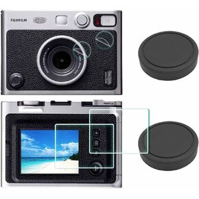 Screen Protector + Lens Caps for Fujifilm Instax Mini EVO Fuji Instant Camera LCD + Lens PET Flim [2+2Pack] Tempered Glass 9H Hardness