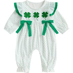 St Patricks يوم طفلة الزي أربع أوراق البرسيم طباعة رومبير الطويل الأكمام بذلة الكشكشة