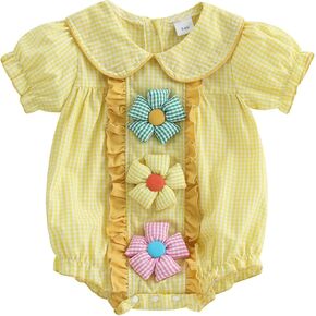 Infant Baby Girls Summer Clothes Short Sleeve Flower Decor Plaid Doll Collar Romper Newborn Girl Spring Playsuit